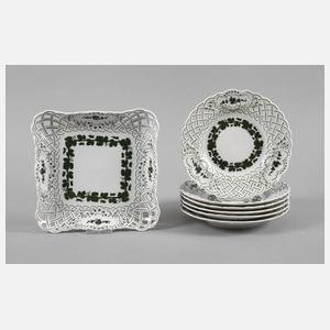 Meissen sechs Durchbruchteller und Schale Weinlaubdekor