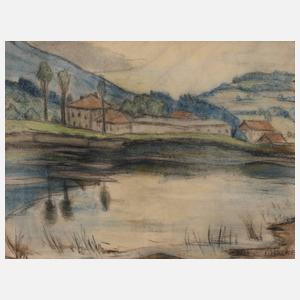 Paul Halke, attr., Häuser am Teich