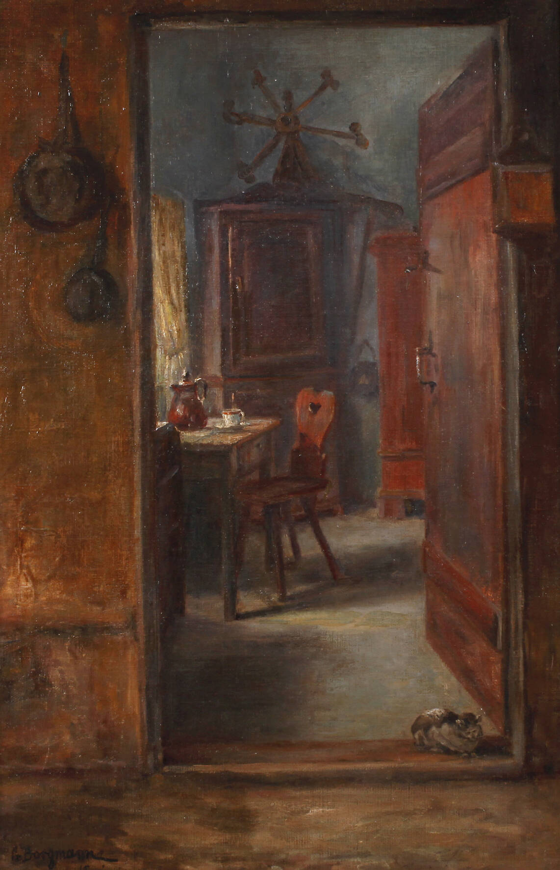 G. Borgmann, Bäuerliches Stubeninterieur mit Katze