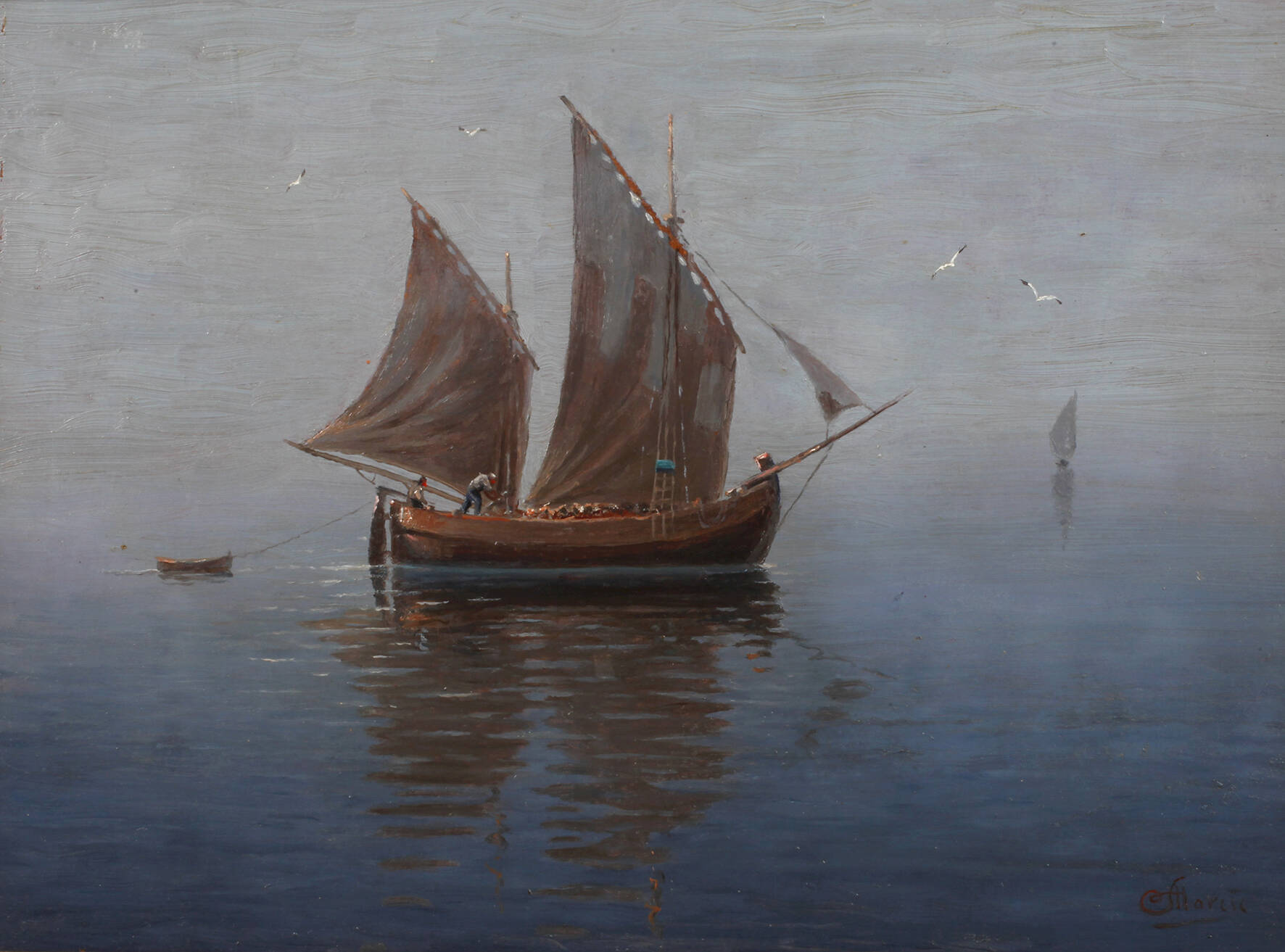 Rudolf Marčič , Fischerboot im Morgendunst