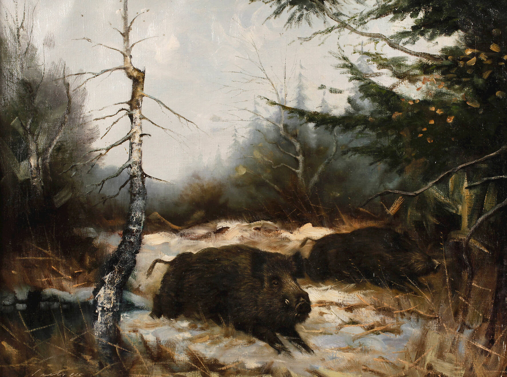 Arnold Schatz, Wildschweinrotte im Winterwald