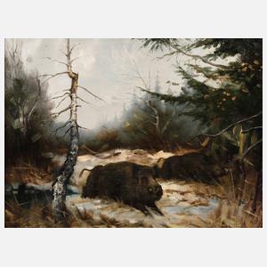 Arnold Schatz, Wildschweinrotte im Winterwald