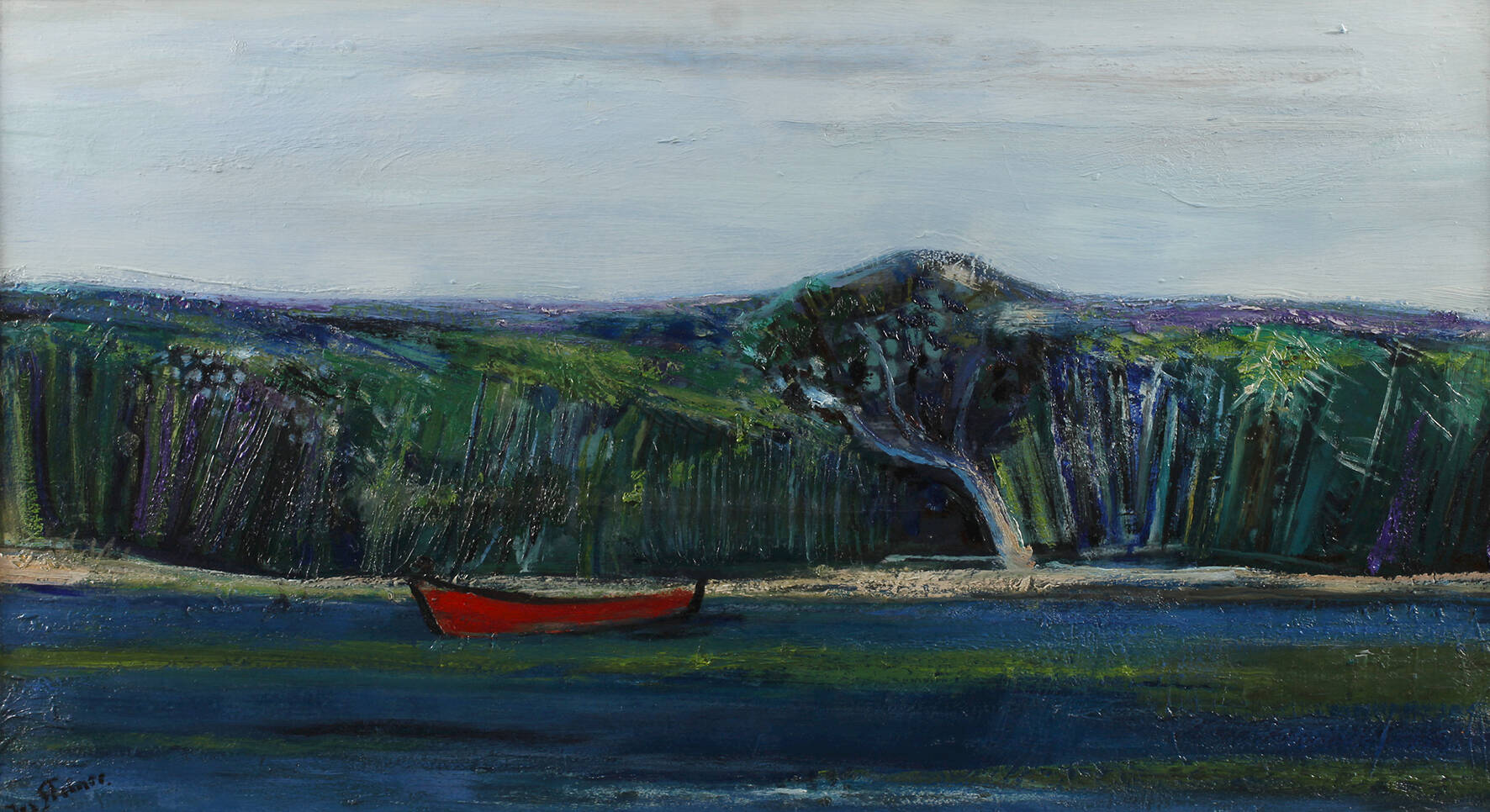 Josef Steiner, Flusslandschaft mit rotem Boot