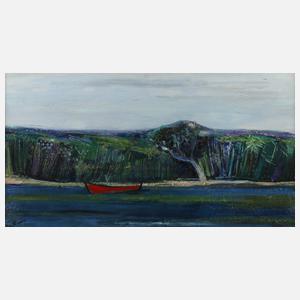 Josef Steiner, Flusslandschaft mit rotem Boot