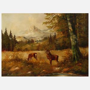 G. Thegtmeier, Hirschwild in Gebirgslandschaft