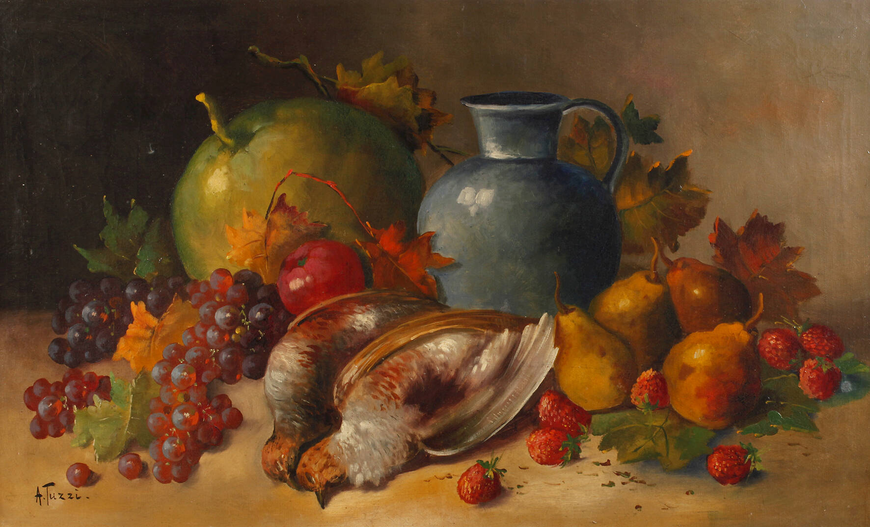 A. Tuzzi, Früchtestillleben mit Rebhühnern