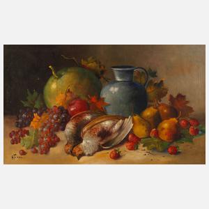 A. Tuzzi, Früchtestillleben mit Rebhühnern