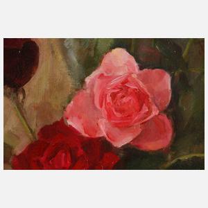 Tafelstillleben mit Rosen und Obstschale