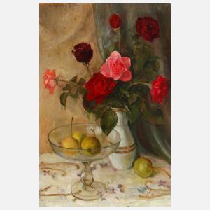 Tafelstillleben mit Rosen und Obstschale